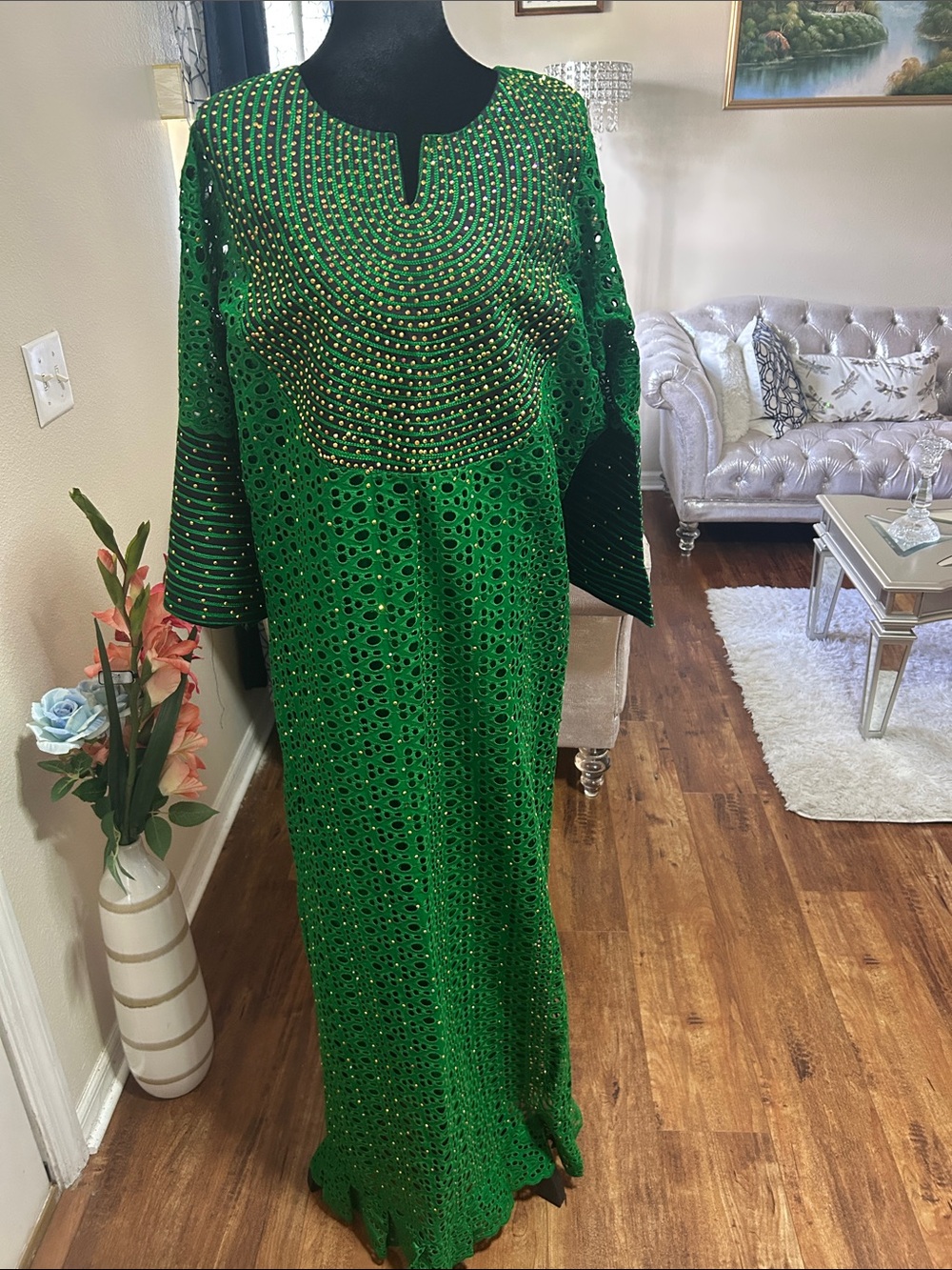 Elegant Green Embellished Maxi Dress with Decorative Eyelet Detail